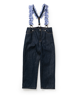 Cotton linen denim frill suspenders pants